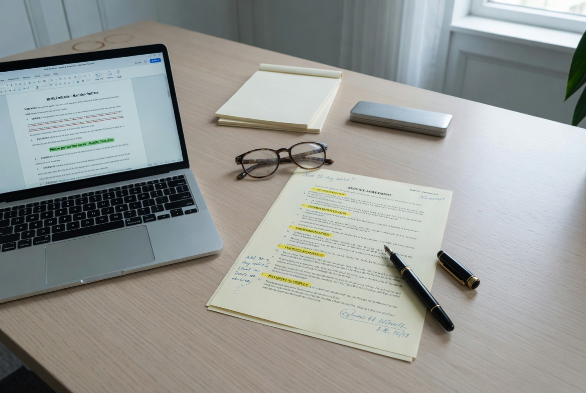 Laptop beside a marked-up service agreement and fountain pen on a desk