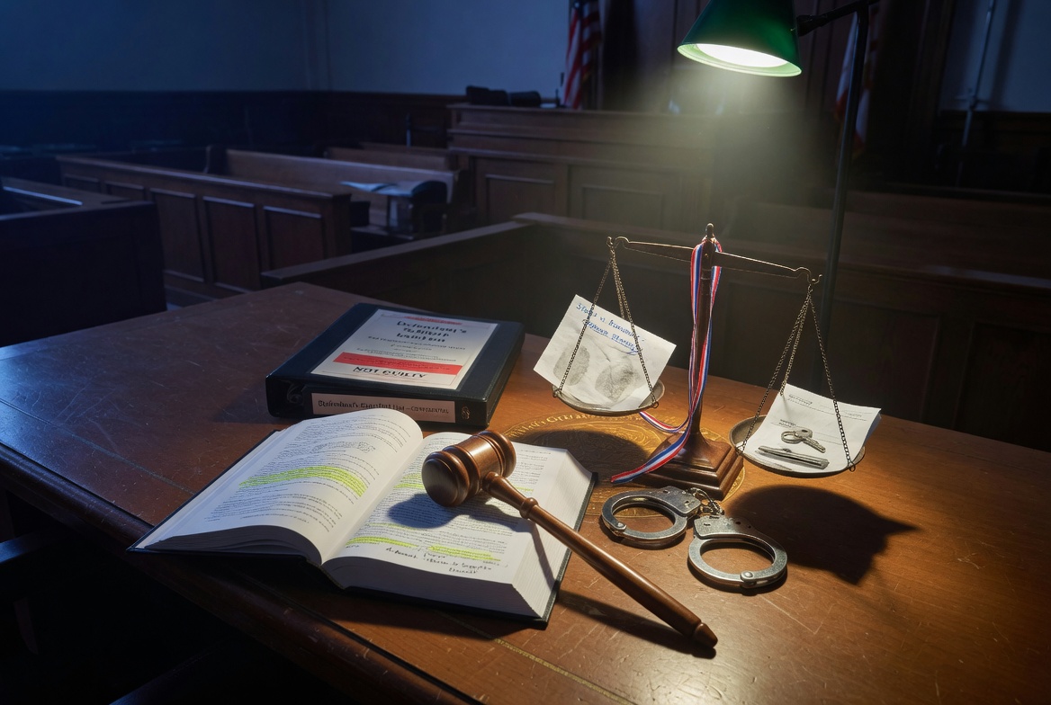Defense materials, gavel, scales and handcuffs on a courtroom desk