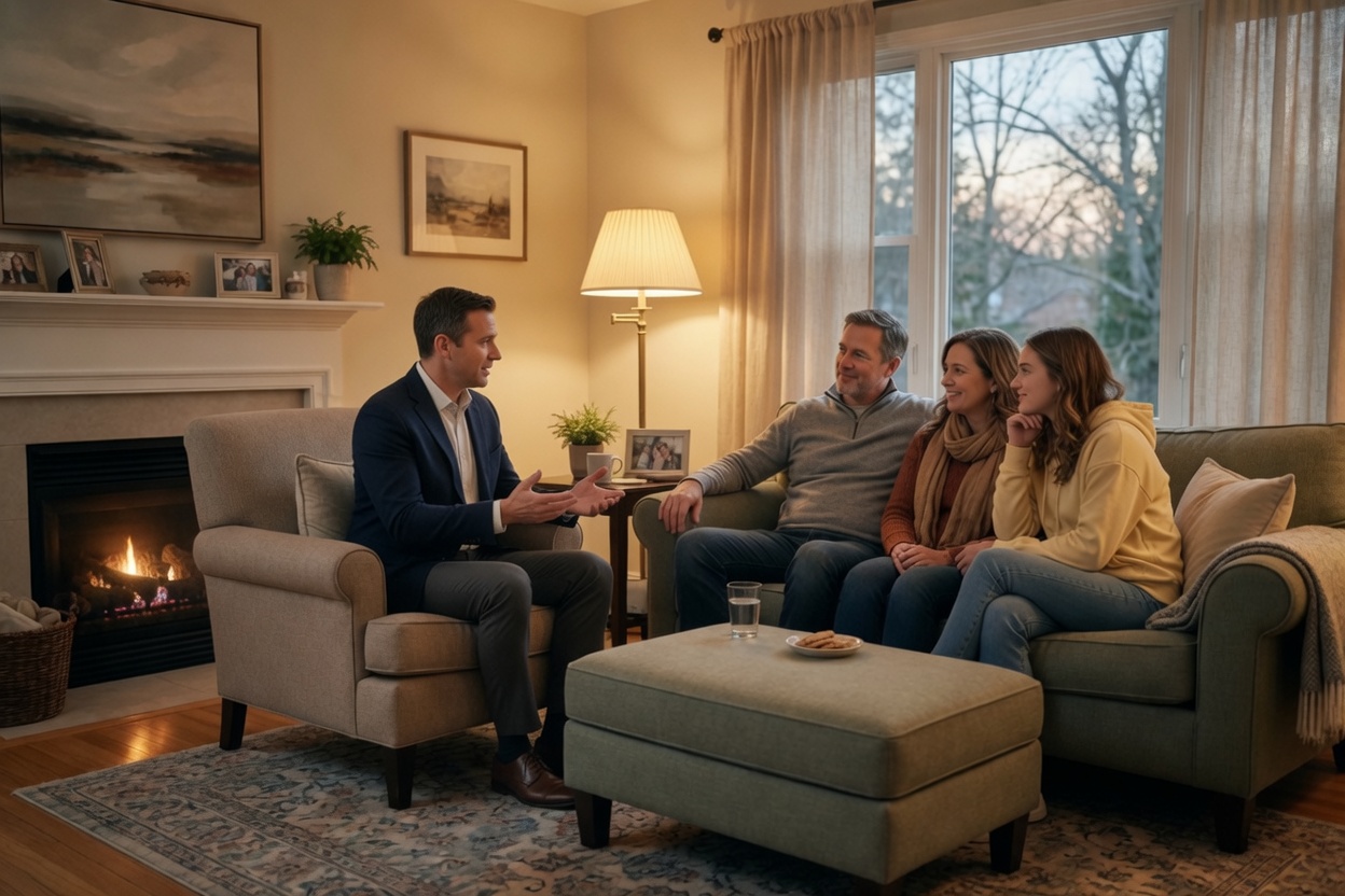 Attorney meeting with a family in a living room